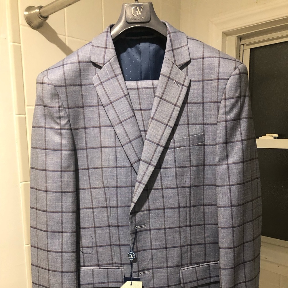 Mens Gray Windowpane Slim Fit Suit size 38 R